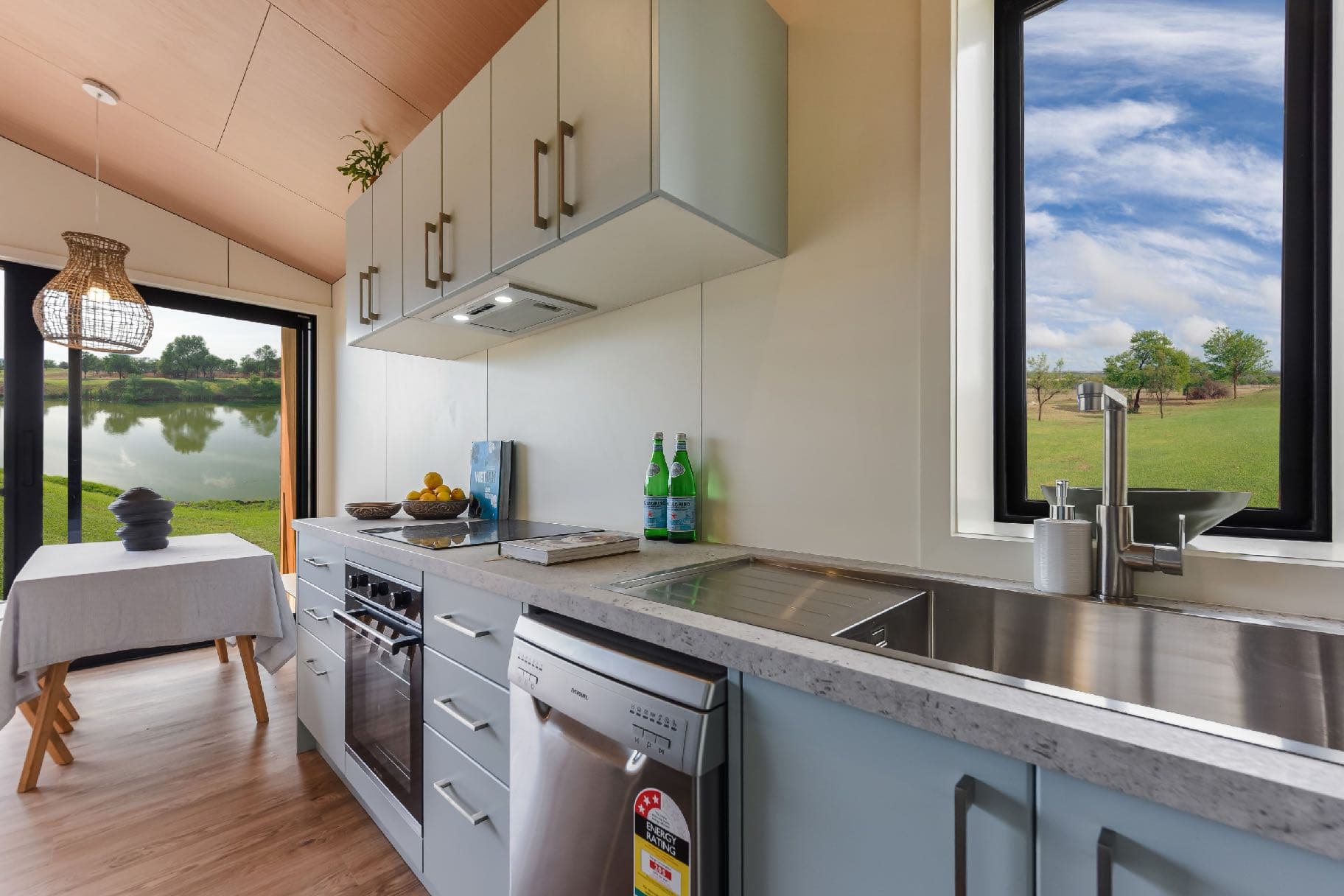 Off-site Truss House build: kitchen with pre-finished Hydrapanel walls and a woodgrain panel ceiling