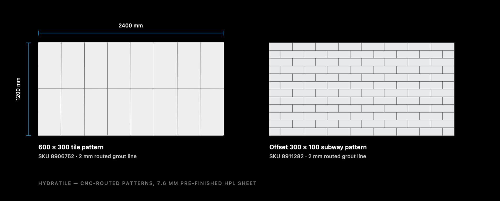 Diagram of both Hydratile patterns laid out on the 2400 × 1200 sheet
