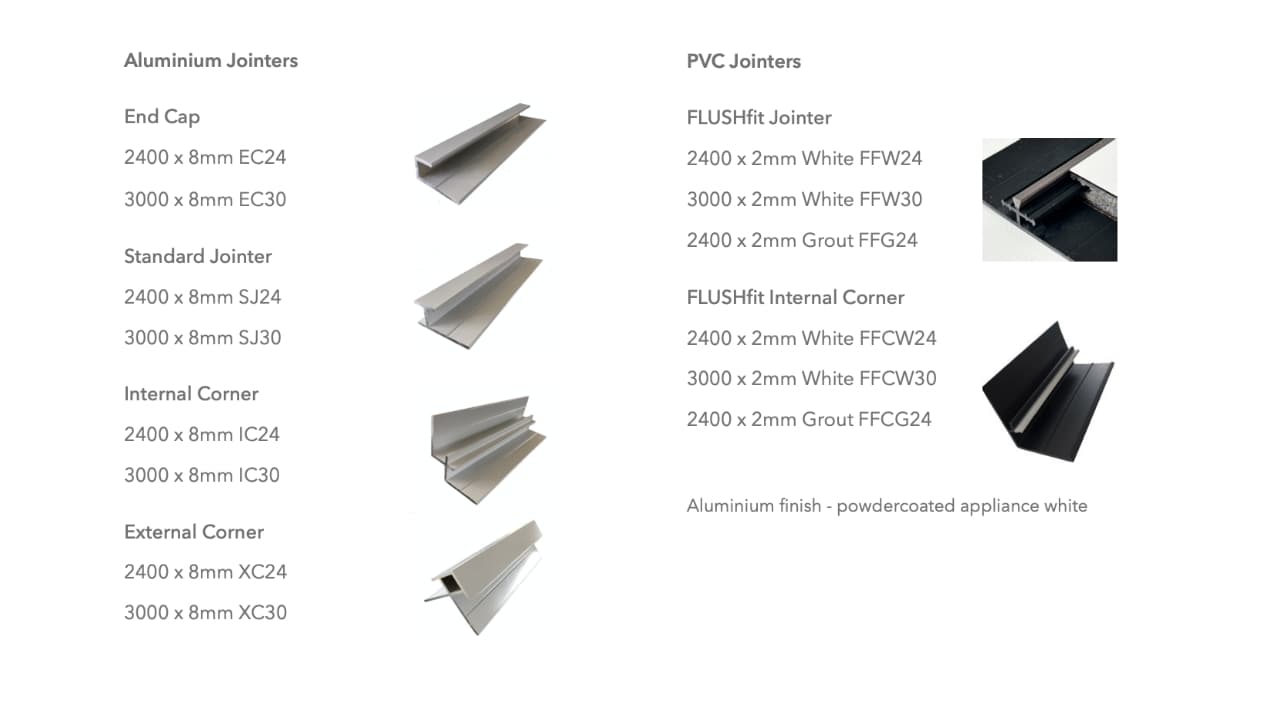 The five aluminium jointer profiles: end cap, standard H, mini H, internal corner, external corner